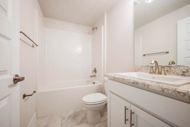 full bathroom with shower / washtub combination, a textured ceiling, tile floors, toilet, and large vanity