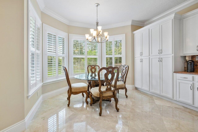 tiled dining area with an inviting chandelier, a textured ceiling, a healthy amount of sunlight, and ornamental molding