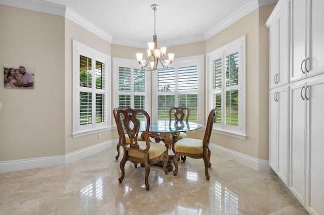 tiled dining space featuring a chandelier, a healthy amount of sunlight, and crown molding