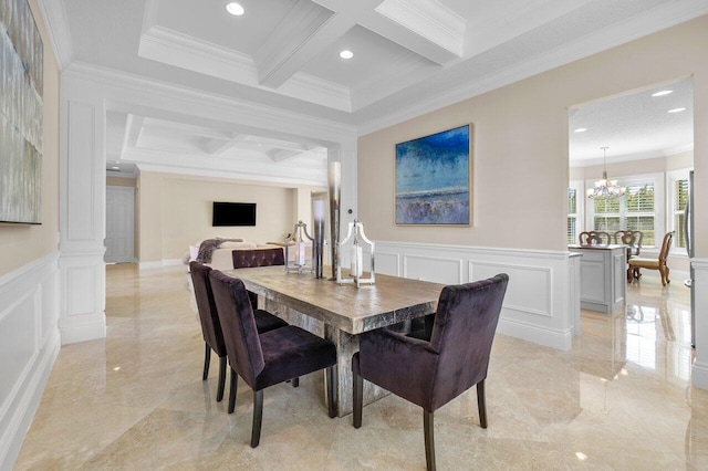 tiled dining room featuring a notable chandelier, coffered ceiling, ornamental molding, and beamed ceiling