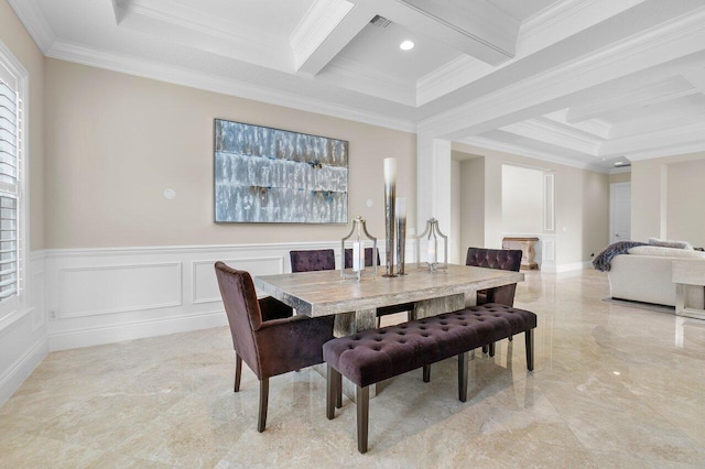 tiled dining area featuring coffered ceiling, beam ceiling, and ornamental molding