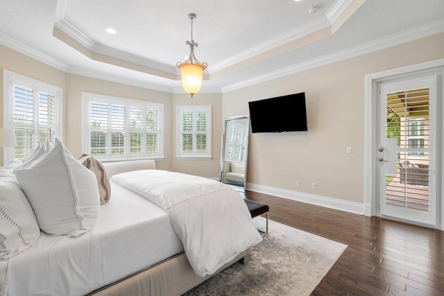 bedroom with a raised ceiling, dark hardwood / wood-style floors, access to exterior, and multiple windows