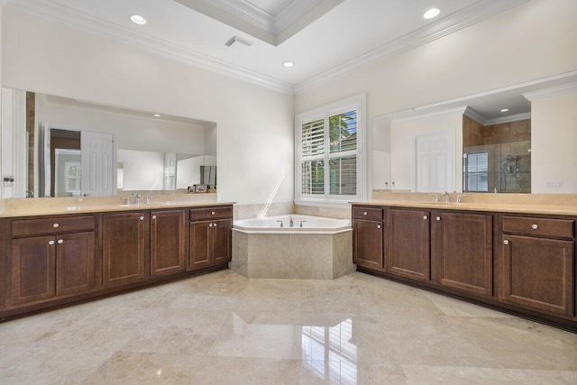 bathroom featuring tile flooring, crown molding, large vanity, and plus walk in shower