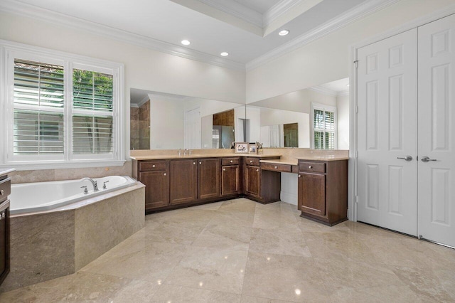 bathroom with a raised ceiling, ornamental molding, tiled bath, tile flooring, and vanity