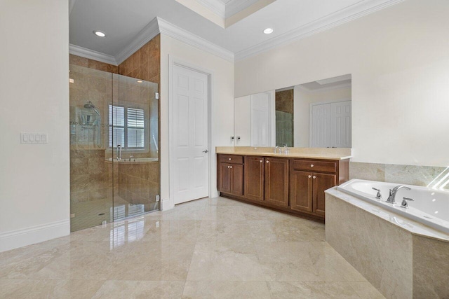 bathroom featuring crown molding, shower with separate bathtub, vanity, and tile flooring