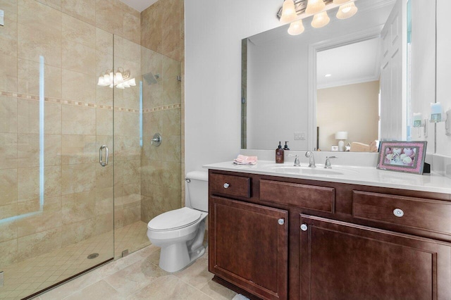 bathroom with toilet, crown molding, a shower with shower door, tile floors, and vanity