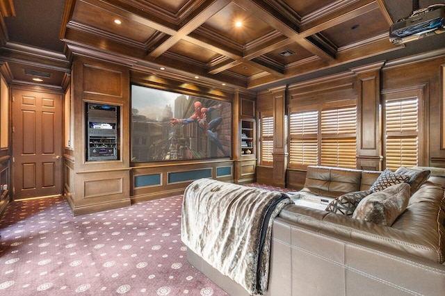 cinema featuring ornamental molding, wood ceiling, beamed ceiling, coffered ceiling, and dark carpet