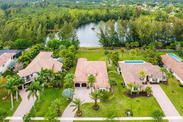 drone / aerial view featuring a water view