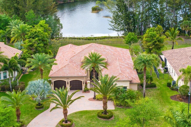 aerial view featuring a water view