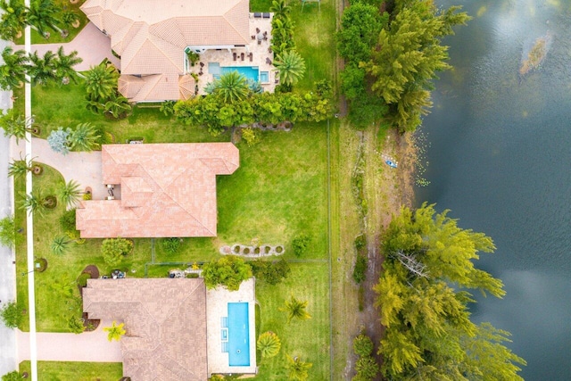 aerial view featuring a water view