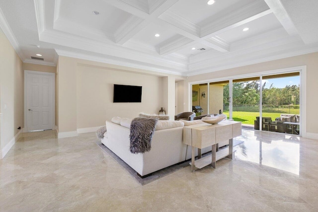 tiled living room featuring coffered ceiling, beam ceiling, and crown molding