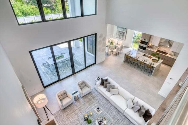 living room with a towering ceiling and plenty of natural light