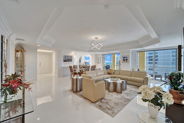 living room with crown molding and a raised ceiling