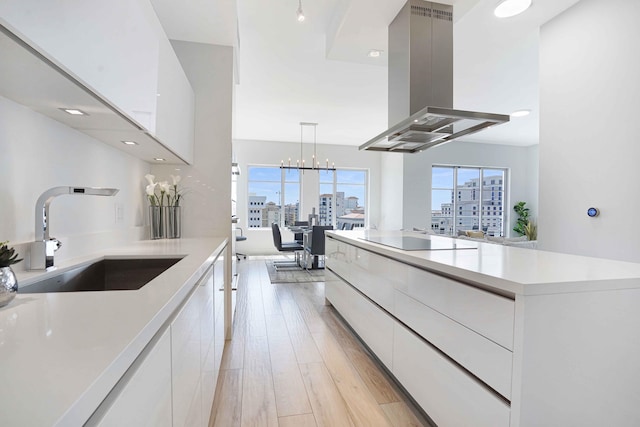 kitchen featuring island exhaust hood, black electric stovetop, and white cabinets