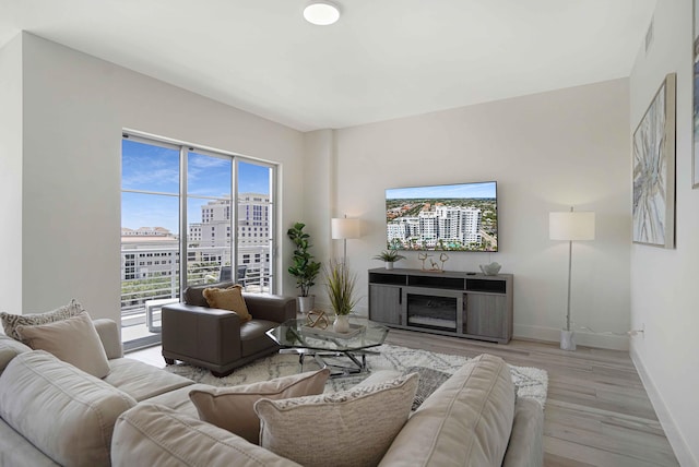 living room with light wood-type flooring, a healthy amount of sunlight, and a fireplace