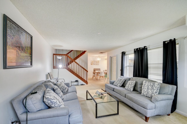 living room featuring a textured ceiling