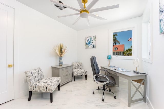 office area with ceiling fan