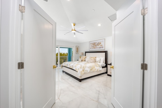 tiled bedroom featuring ceiling fan and access to exterior