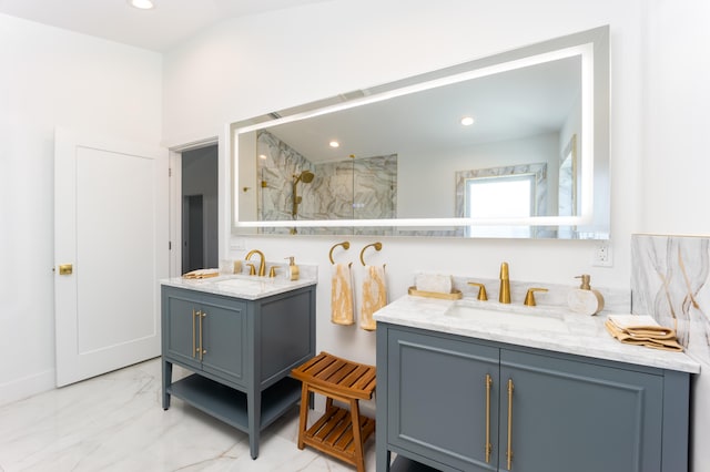 bathroom with tile patterned floors, dual vanity, and a shower