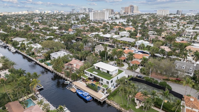 drone / aerial view with a water view