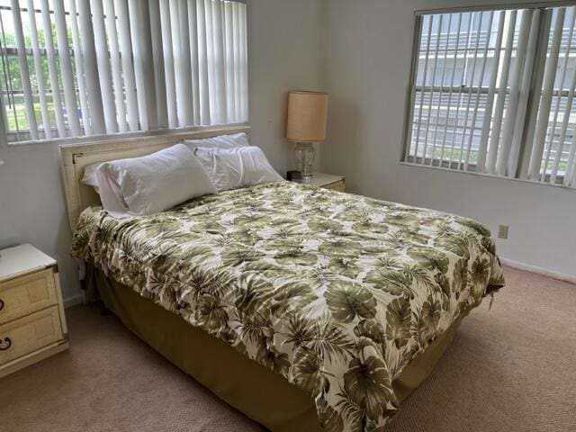 bedroom with light colored carpet