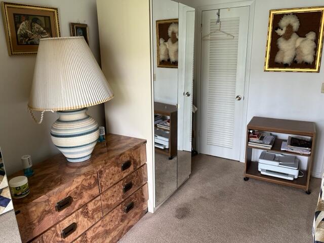 bedroom featuring dark carpet and a closet