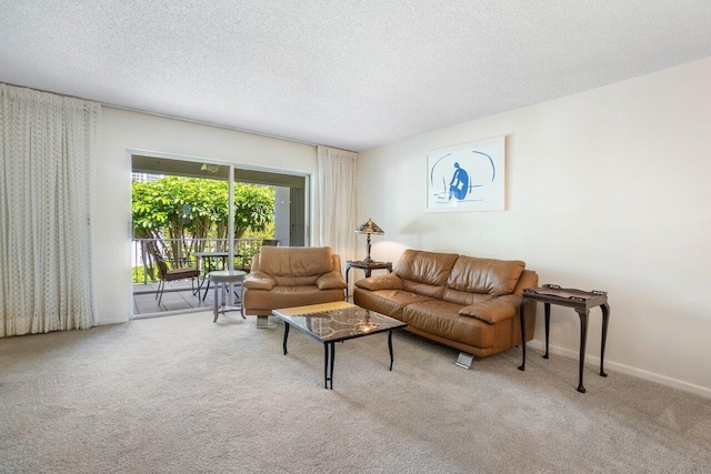 carpeted living room with a textured ceiling