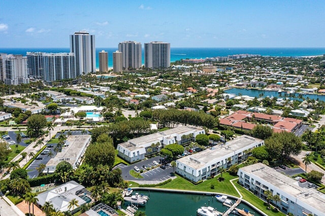 bird's eye view with a water view