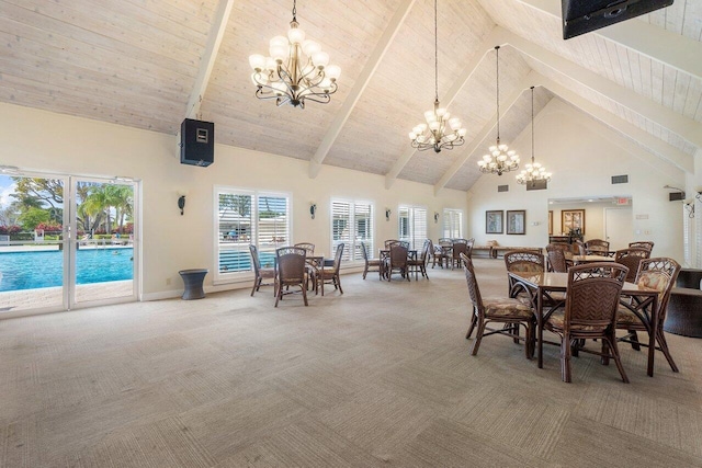 carpeted dining space featuring a chandelier, wooden ceiling, high vaulted ceiling, and beam ceiling