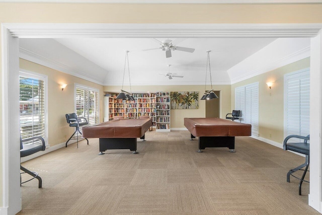 recreation room featuring crown molding, light colored carpet, ceiling fan, and pool table