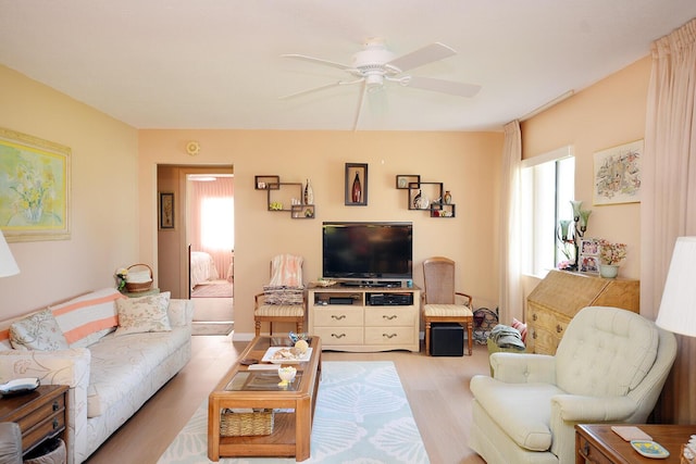 living room with ceiling fan and light hardwood / wood-style floors