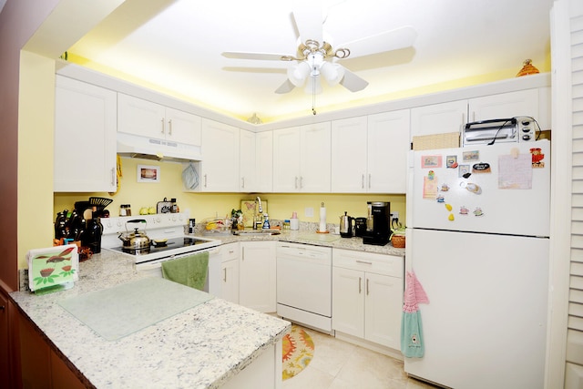 kitchen with light tile patterned floors, sink, white appliances, ceiling fan, and white cabinetry