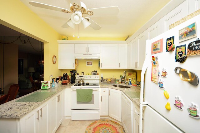 kitchen featuring sink, white cabinets, light tile patterned floors, white appliances, and ceiling fan