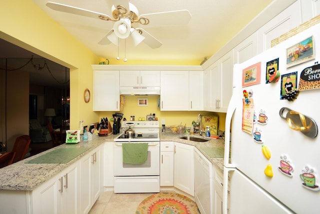 kitchen featuring white cabinetry, light stone countertops, sink, white appliances, and light tile patterned flooring