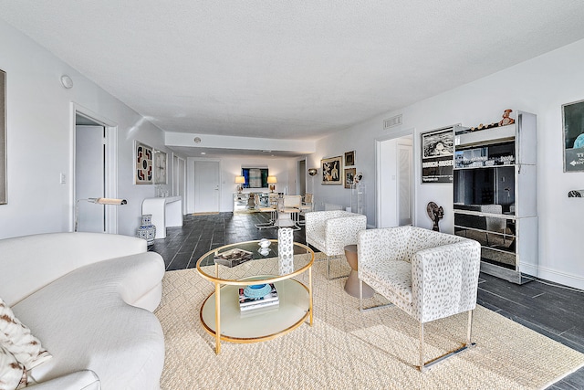 living room with dark hardwood / wood-style floors and a textured ceiling