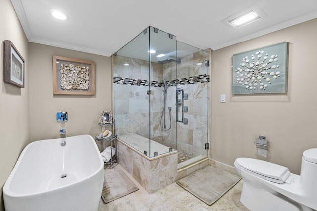 bathroom with a shower with door, toilet, tile floors, and crown molding