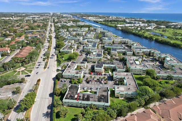 bird's eye view with a water view