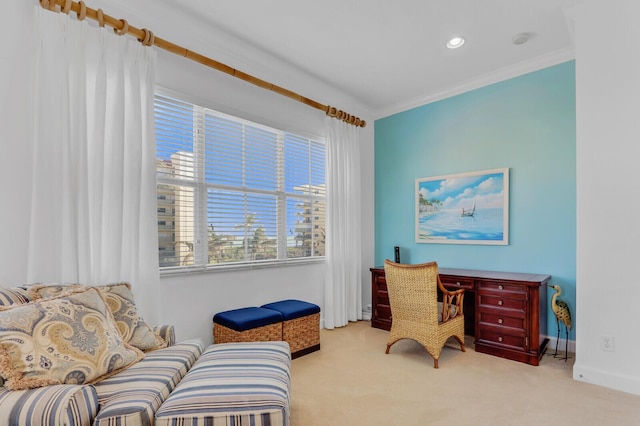 living area featuring carpet and ornamental molding