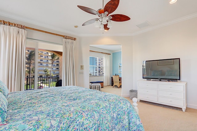 carpeted bedroom with ceiling fan, access to exterior, and ornamental molding