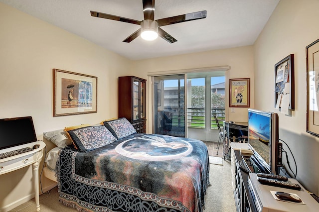 bedroom with light colored carpet and ceiling fan