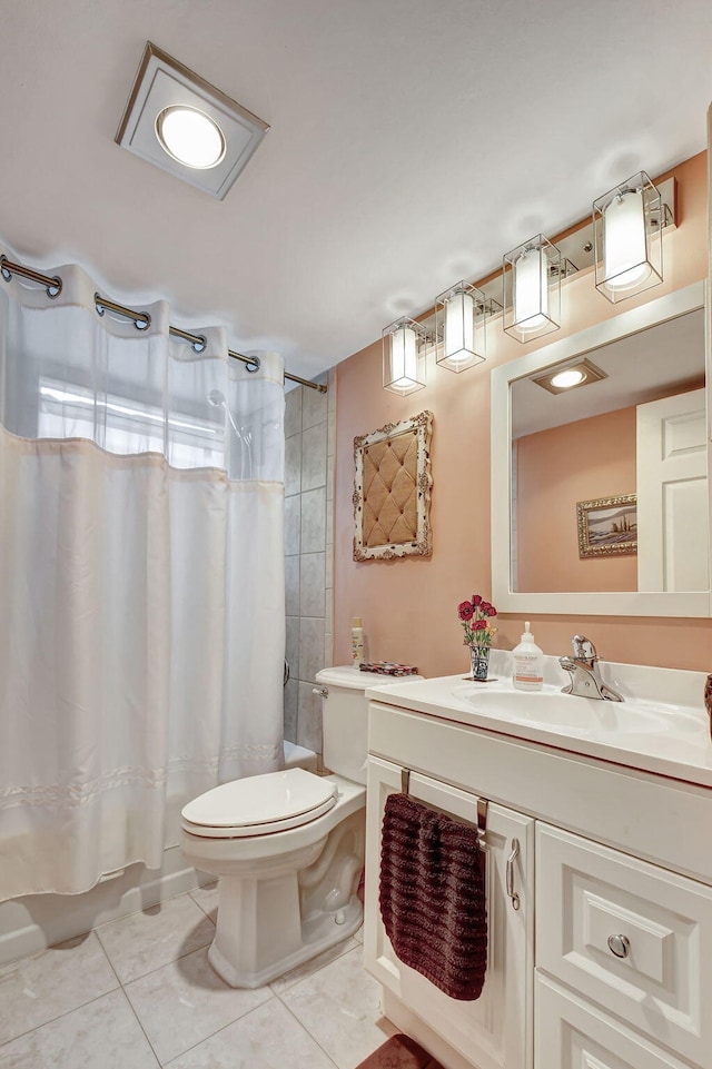 full bathroom with shower / bath combo, toilet, vanity, and tile patterned floors