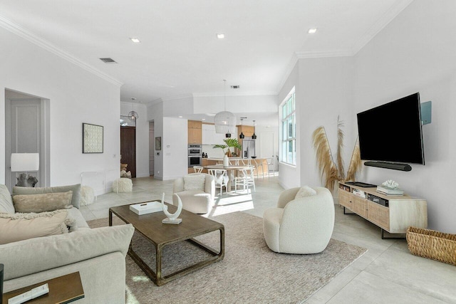 tiled living room featuring ornamental molding