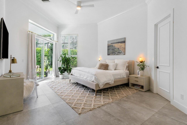 bedroom with ornamental molding, ceiling fan, access to exterior, and multiple windows