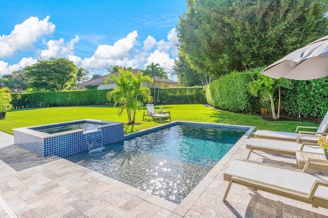 view of swimming pool featuring a patio, a yard, an in ground hot tub, and pool water feature