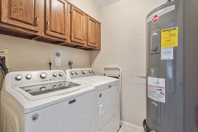 washroom with light tile flooring, separate washer and dryer, hookup for an electric dryer, cabinets, and water heater