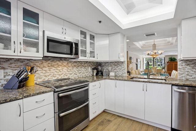 kitchen featuring sink, a raised ceiling, appliances with stainless steel finishes, light hardwood / wood-style floors, and an inviting chandelier