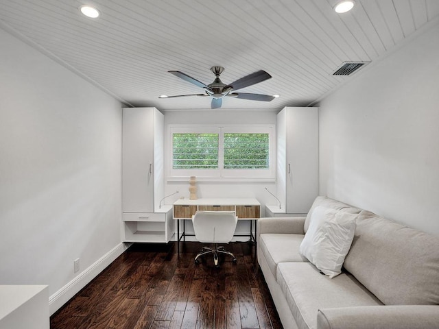 office space featuring dark hardwood / wood-style floors, wooden ceiling, and ceiling fan