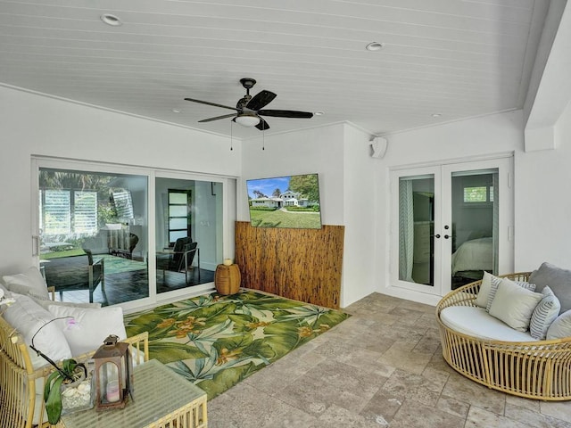 view of patio featuring ceiling fan, outdoor lounge area, and french doors