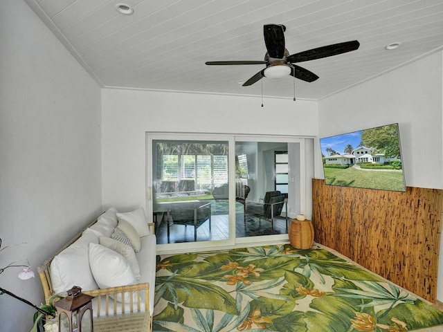 bedroom with crown molding and ceiling fan