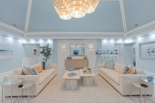 living room featuring high vaulted ceiling and crown molding